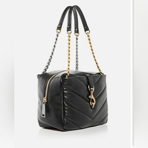 REBECCA MINKOFF Leather Edie Maxi Quilted Top Zip Bag Black Two Toned Ha…